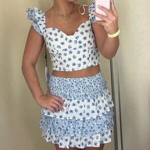 Floral Blue and White Ruffle Skirt